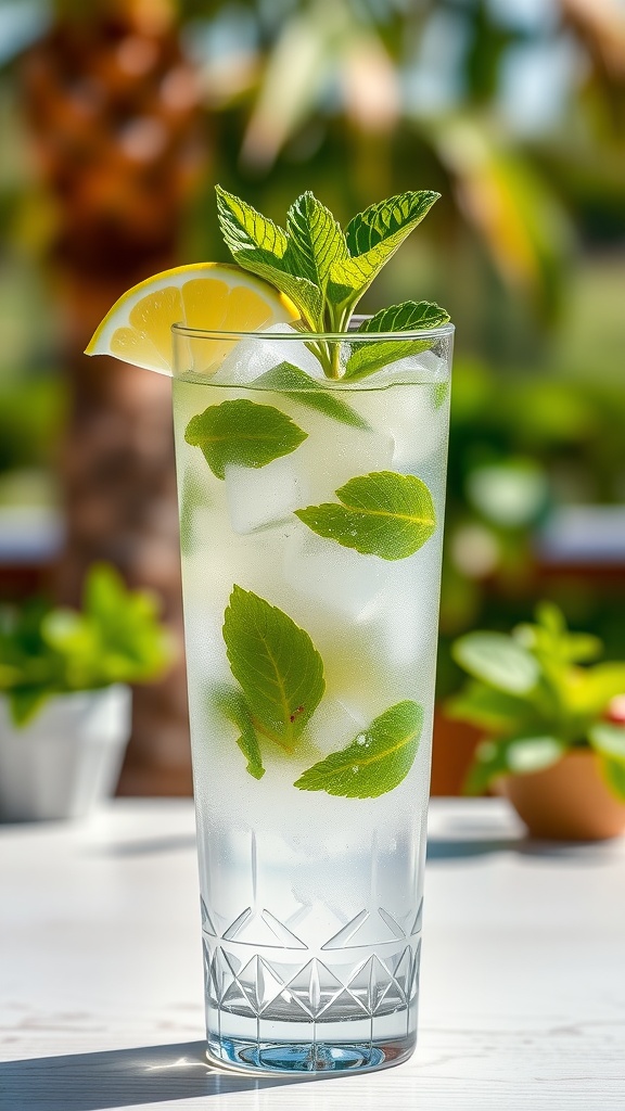 A refreshing mint mojito in a glass with mint leaves and lime, on a sunny table.